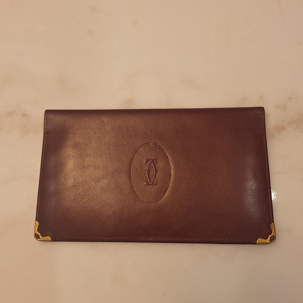 Vintage Cartier Must de Cartier Burgundy Leather Wallet Box Papers Gold Corners